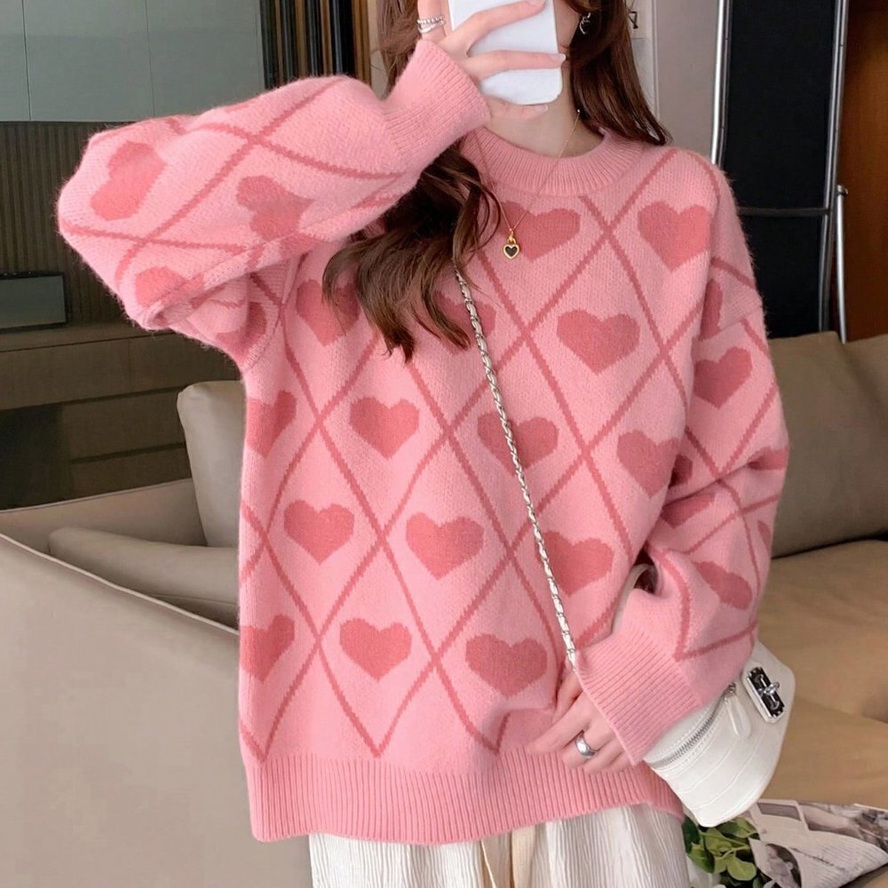 Pink Casual Womens Heart Pattern Drop Shoulder Oversized Sweater